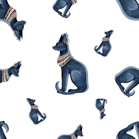 Bastet Egyptian goddess, ancient religion icon, symbol. Black cat with Jewellery. Watercolor illustration isolated from background. For textile, souvenir products wrap, patterns and ornament designの写真素材