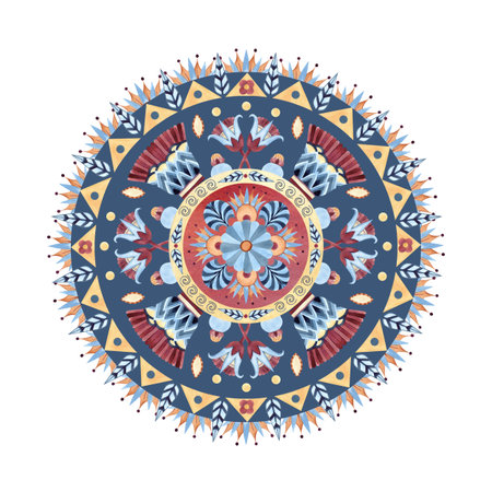Ancient arabesque of indigenous peoples. Round circle ornament, border, frame. Geometric patterns, sacred lotus. Watercolor isolated illustration. Folklore ornate, African, Egyptian, Persian cultureの写真素材