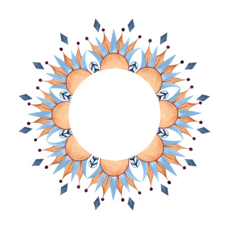 Arabesque frame. Round circle ancient ornament with white template. Geometric patterns, sacred lotus. Watercolor isolated illustration. African, Arab, Egyptian, Persian culture for decor, postcardの写真素材