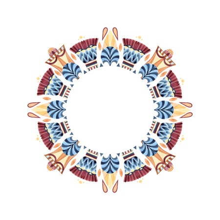 Ancient arabesque style. Round circle ornament with white template, frame. Geometric patterns, sacred lotus. Watercolor isolated illustration. African, Arab, Egyptian, Persian culture for decor, cardの写真素材