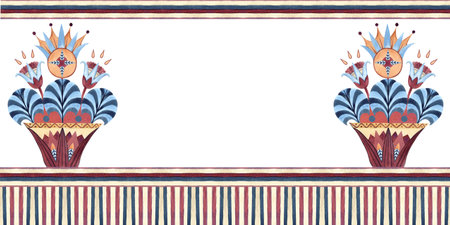 Egyptian frame template, vase sacred lotus, palm, column ancient symbols. Ethnic tribal patterns, ornament. Watercolor illustration isolated from background. Arab, East culture concept for packagingの写真素材