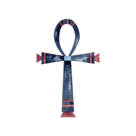 Ankh ancient Egyptian religion symbol. Hieroglyph in form of cross, ornament isolated from background. Dark blue, red watercolor icon illustration for packaging, logo, decor, souvenir products designの写真素材