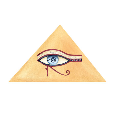 Egyptian abstract pyramid with eye of Horus. Ancient god, ornament wadjet, religion icon, symbol. Watercolor isolated illustration. African Arab culture concept for souvenir products design, logoの写真素材