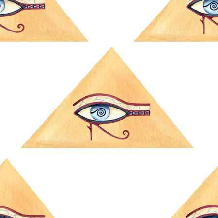 Egyptian abstract pyramid, eye of Horus seamless pattern. Ancient god, repeat religion icon, symbol. Watercolor illustration isolated from background. African Arab style for souvenir productsの写真素材