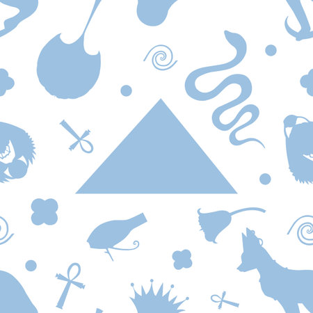 Egyptian seamless pattern, symbols blue shadows, silhouette ancient ornaments. Bastet, Scarab beetle, abstract pyramids, Eye of Horus, Ankh, sacred lotus, palm, snake. Isolated illustrationの写真素材
