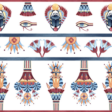 Ancient egyptian seamless tribal pattern Scarab beetle, eye of Horus, sacred lotus. Arab culture, symbols, horizontal lines ornament. Abstract watercolor illustration isolated from backgroundの写真素材