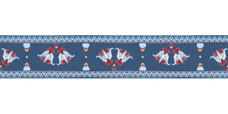 Arab ornaments seamless border sacred lotus shaped. Ancient ethnic patterns, symbols. Abstract watercolor illustration isolated on dark blue background. Egyptian, Persian, Turkish culture for frameの写真素材
