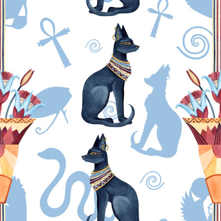 Egyptian seamless pattern with Bastet and sacred lotus in ancient vase, Ankh. Religion icon, symbol. Ornament abstract shadows. Watercolor illustration isolated from background with blue graphicsの写真素材