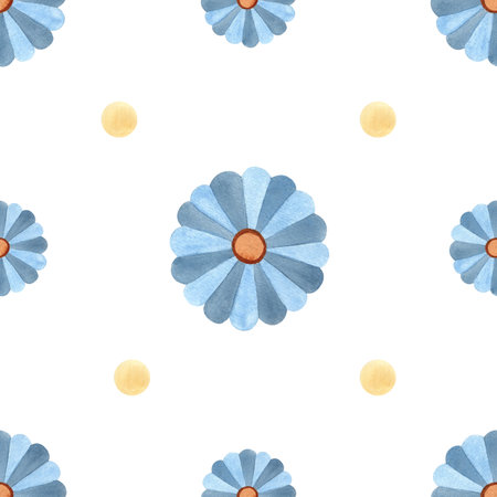 Abstract cute blue flowers seamless pattern. Watercolor ornament with yellow circles isolated illustration from background. Ethnic culture concept, childrens style for textile, stationery, packagingの写真素材