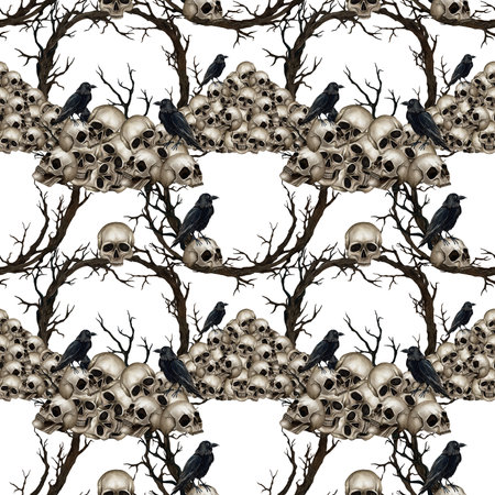 Pile of human skulls, black ravens, dry branches seamless pattern. Watercolor Illustration isolated from background. Gothic style for Day of the Dead, Halloween packaging, textile, decoration designの写真素材