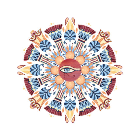 Eye of Horus arabesque style. Egyptian tribal pattern round circle ornament. Geometric figures, abstract lotus, palm shape. Watercolor isolated clip art illustration in yellow, blue, red colorsの写真素材
