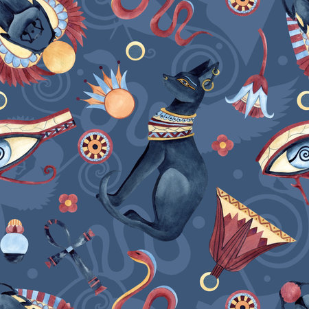 Egyptian seamless pattern, religion icon symbols, ancient ornaments. Bastet, Scarab beetle, Eye of Horus, Ankh, sacred lotus. Watercolor illustration isolated on blue background with blue shadowsの写真素材