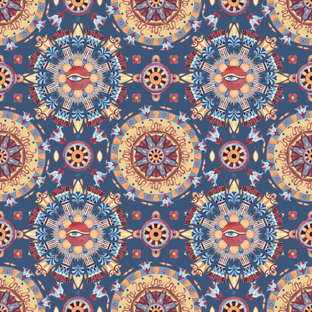 Egyptian seamless tribal pattern, Arabesque rounds, ancient ethnic oriental ornament. Geometric symmetrical patterns, sacred lotus, eye of Horus. Watercolor illustration isolated on blue backgroundの写真素材