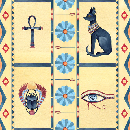 Egyptian seamless pattern with Bastet, Scarab beetle, eye of Horus, Ankh talisman. Ancient vertical ornament geometric patterns, sacred lotus. Watercolor isolated illustration on yellow backgroundの写真素材