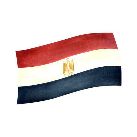 Flag of Egypt. Tricolor banner with Egyptian symbol of gold eagle. Hand drawn watercolor illustration isolated from background. For souvenir products, merchandise, postcards on national holidaysの写真素材