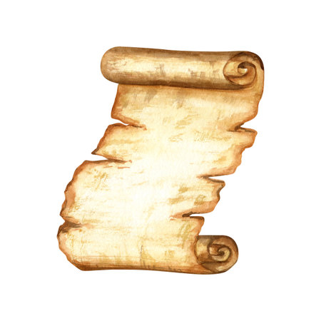 Papyrus scroll. Ancient Egyptian old paper sheet. Watercolor illustration isolated from background. Hand drawn empty textured template. Written medium for composition design, postcards, announcementsの写真素材
