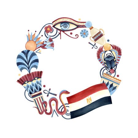 Circle frame Egyptian style, religion icons, flag of Egypt, sacred lotus. Scarab beetle, Eye of Horus, Ankh, ancient vase, snake. Watercolor illustration isolated from background. Postcard, templateの写真素材