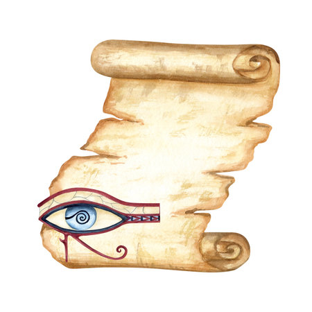 Egyptian papyrus scroll, eye of Horus. Ancient old paper sheet. Watercolor illustration isolated from background. Hand drawn empty template for composition design, postcard, text on national holidaysの写真素材