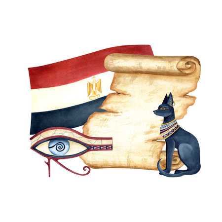 Egyptian symbols. Papyrus scroll, flag of Egypt, Bastet, eye of Horus. Ancient religion icons. Watercolor illustration isolated from background. Hand drawn composition for postcard, souvenirsの写真素材