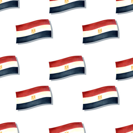 Flag of Egypt seamless pattern. Tricolor banner with Egyptian symbol of gold eagle. Hand drawn watercolor illustration isolated from background. For souvenir products, packaging on national holidaysの写真素材