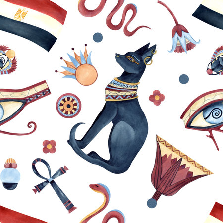 Egyptian symbols seamless pattern, icons, ancient ornaments. Bastet, Scarab beetle, Eye of Horus, flag of Egypt, Ankh, sacred abstract lotus. Watercolor illustration isolated from backgroundの写真素材