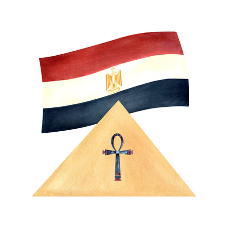 Egyptian ancient national symbols. Abstract pyramid with Ankh, flag of Egypt. Watercolor illustration isolated from background. Hand drawn composition for postcard on state holidays and souvenirsの写真素材
