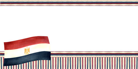 Frame template with flag of Egypt. Ethnic patterns, ornament. Watercolor illustration isolated from background. Arab, oriental culture concept for state holidays, packaging, souvenir merchandiseの写真素材