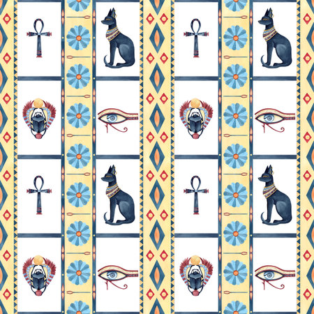 Egyptian seamless pattern with Bastet, Scarab beetle, eye of Horus, Ankh cross. Ancient vertical ornament, sacred lotus, symbols of Egypt. Watercolor illustration isolated from background. Clip artの写真素材