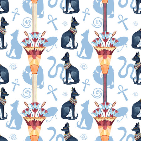 Egyptian seamless pattern. Bastet, sacred lotus in ancient vase, Ankh cross. Religion icon, symbol of Egypt. Ornament abstract shadows. Watercolor and graphics illustration isolated from backgroundの写真素材
