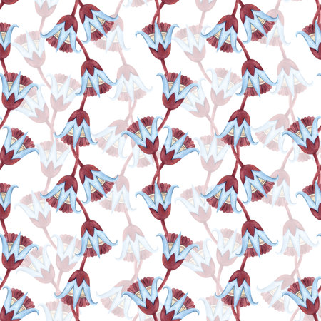 Sacred lotus seamless pattern Egyptian vertical composition. Abstract wavy flowers, floral ornament. Watercolor illustration isolated from background. For textile, packaging, fabric, wrapping paperの写真素材