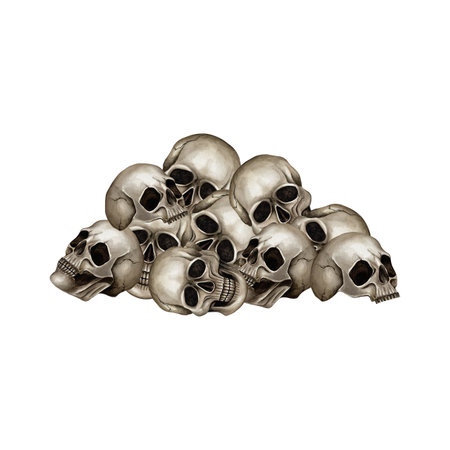 Pile of human skulls. Watercolor illustration isolated from background. Hand drawn art in Gothic style, metalhead. Bones for textile, packaging, t-shirt and print product on Halloween, moto styleの写真素材