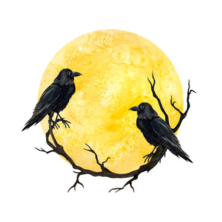 Yellow full moon with black crows on dry branch. Watercolor illustration isolated from background. Hand drawn Gothic style, Esoteric for poster, postcard template, textileの写真素材