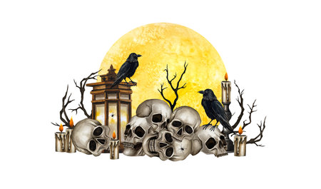 Human skulls, black ravens, lantern, dry branches, candelabrum with burning candle and yellow full moon. Watercolor illustration isolated from background. Gothic style for Halloween, Day of the Deadの写真素材