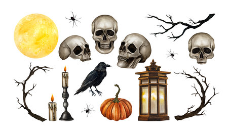 Big Halloween set with human skulls, black crow, lantern, dry branches, candelabrum with burning candle, yellow full moon, pumpkin and spider. Watercolor illustration isolated from background. Gothicの写真素材