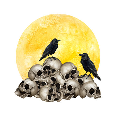 Pile of skulls with black ravens against backdrop of yellow full moon. Watercolor illustration art isolated from background. Hand drawn Gothic style for Halloween, Day of the Dead, esoteric conceptの写真素材