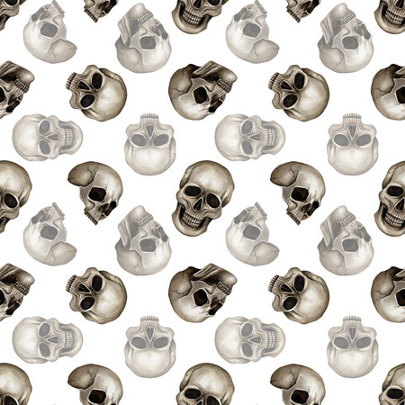 Seamless pattern with human skulls. Watercolor illustration isolated from background. Clip art in Gothic style for Halloween decoration, textile, Day of the Dead packaging. Metalhead designの写真素材