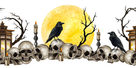 Halloween seamless border pile skulls, crows, lantern, branches, candelabrum, burning candle, yellow full moon. Watercolor illustration isolated from background for Day of the Dead gothic decorationの写真素材