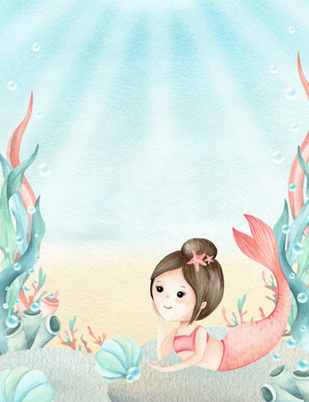 Watercolor frame with mermaid in underwater world. Childrens illustration with seaweed, coral, seashell and bubbles. Hand drawn postcard isolated on seascape with sun rays. Invitation to kids partyの写真素材