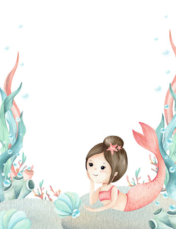 Childrens illustration template with watercolor mermaid, underwater seaweed, corals, seashell and bubbles. Postcard frame isolated from background. For invitations to birthday party, baby showerの写真素材