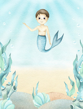 Watercolor frame with mermaid boy in underwater world. Childrens illustration with seaweed, sea sponges, seashell, bubbles in turquoise colors. Template for invitation isolated on seascape, sun raysの写真素材