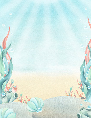 Watercolor frame with underwater world. Childrens art illustration with seaweed, corals, seashell, sea sponges, bubbles. Nautical template isolated on undersea, sun rays for invitations postcardsの写真素材