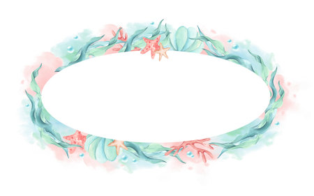 Watercolor nautical seaweed oval frame, seashell, corals on turquoise pink spot with bubbles. Marine style illustration template isolated from background. Childrens art underwater plants postcardの写真素材