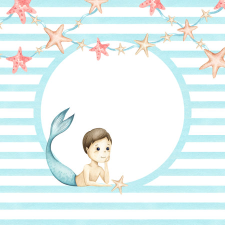 Watercolor card with mermaid boy, garland stars, circle template. Blue repeat strips Illustration frame isolated from background. For baby shower invitation, birthday postcard, packaging, stickerの写真素材