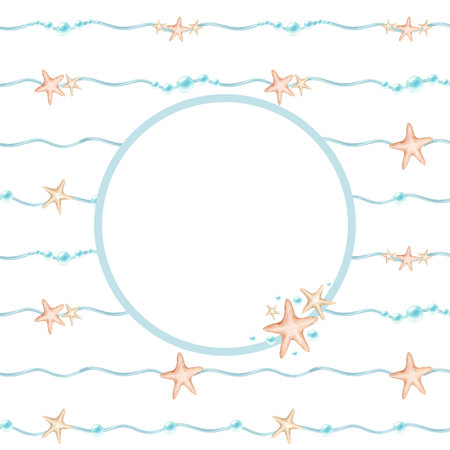 Abstract stars, waves and bubbles card with circle template. Watercolor frame illustration isolated from background. Marine design postcard for children holidays in sea style, decoration, packagingの写真素材