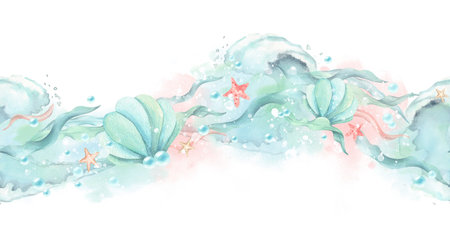 Watercolor seamless border in sea style. Wavy design with seaweed, seashell, stars and bubbles. Turquoise pink color illustration isolated from background marine world. Children wallpaper, textileの写真素材
