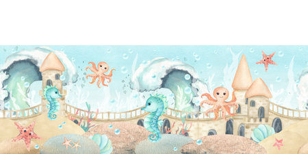 Watercolor seamless border children illustration in sea style. Seahorse, octopus, starfish and underwater castle with seaweed, stones, waves. Art isolated for wallpaper, interior sticker, stationeryの写真素材