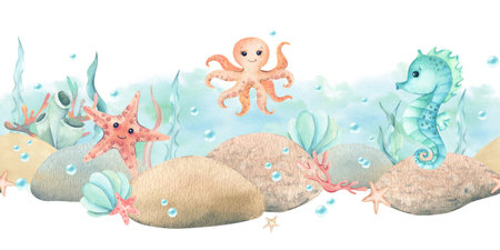 Watercolor seamless border children aquatic creatures characters. Seahorse, starfish, octopus and stones, seaweed, seashell. Turquoise spot and bubbles illustration isolated from backgroundの写真素材