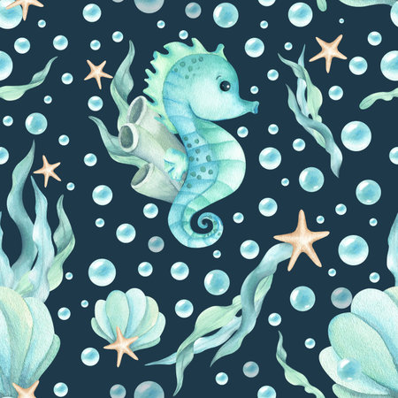 Watercolor seahorse character seamless pattern. With seaweed, seashell, stars and bubbles. Childrens illustration turquoise shades isolated on dark Background for kids design stationary, packagingの写真素材