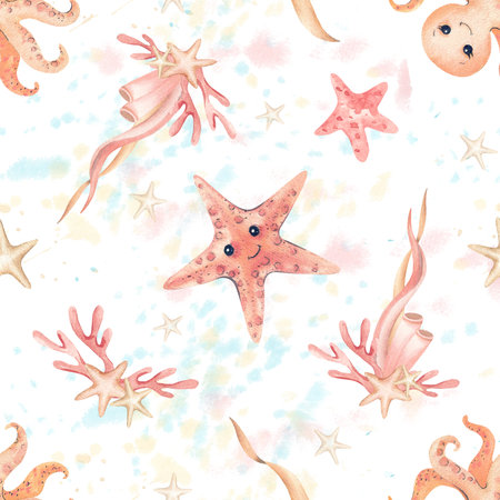 Watercolor starfish, octopus seamless pattern. Stars, seaweed, childrens characters. Illustration isolated from background. Marine style for wallpaper, textile with delicate shades paint splashesの写真素材