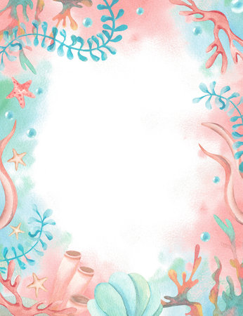 Watercolor frame with sea plants, seaweed postcard. Template in childrens style. Illustration of corals, starfish, seashell, bubbles on pink turquoise spot. Hand drawn art isolated from backgroundの写真素材